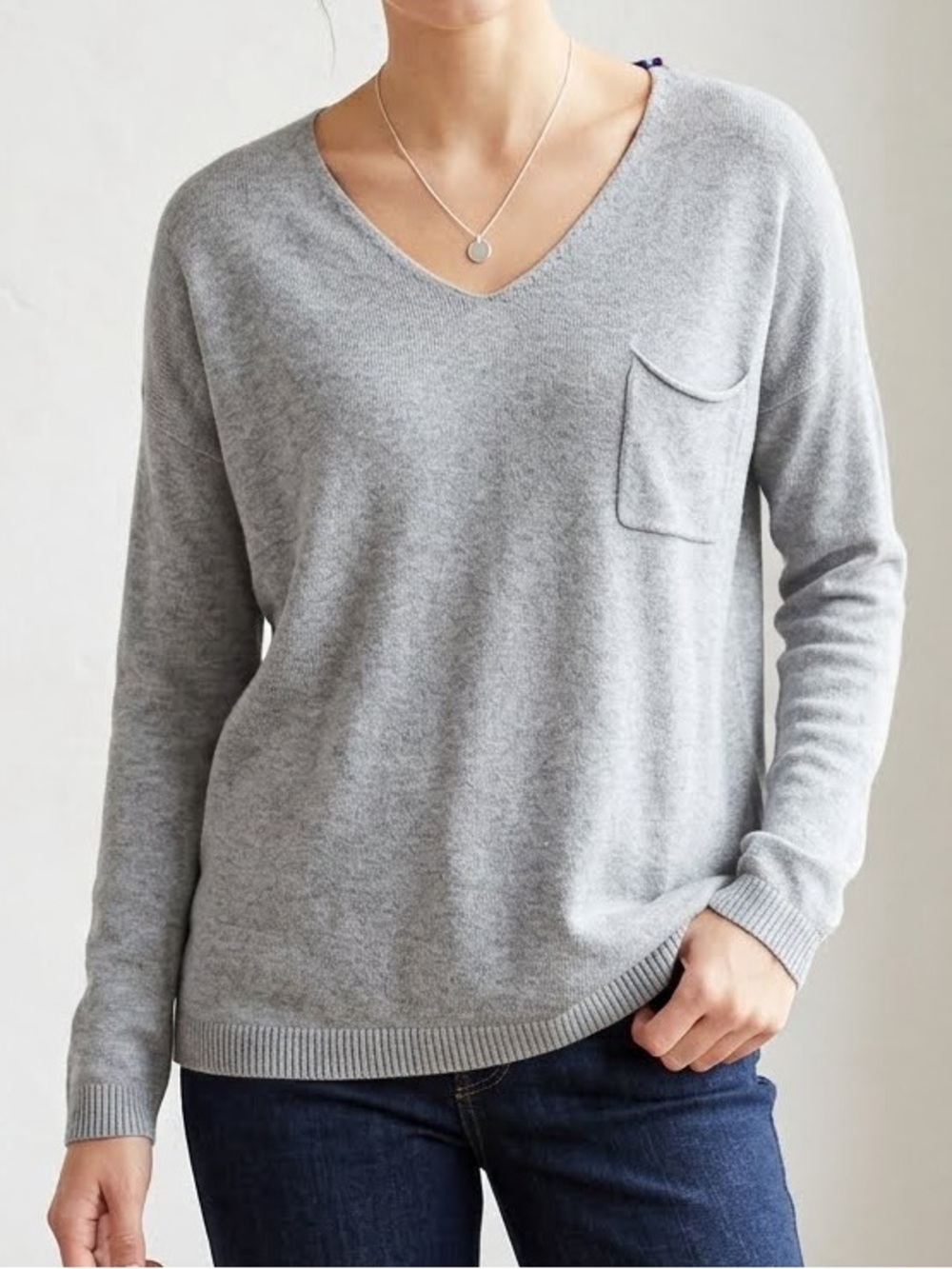 Tina Stephens Made In Italy V-Neck Pocket Sweater Grey Modal Blend Slouchy